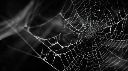 Intricate and delicate spider web glistening with dew drops in a dark forest setting creating a natural and artistic pattern