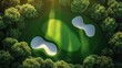 © btiger - Aerial view of a golf green surrounded by sand bunkers and dense trees with sunlight casting shadows creating a serene peaceful atmosphere