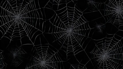 Intricate and detailed spiderwebs create a spooky and mysterious dark background pattern for halloween