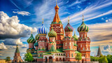 a majestic cathedral with colorful domes under blue sky