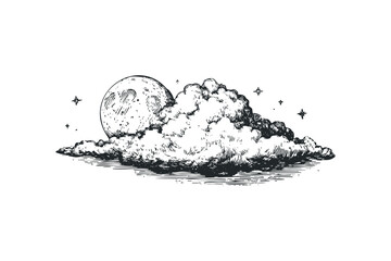 Wall Mural - Moon and Clouds in Starry Sky, Hand Drawn Monochrome. Vector hand drawn illustration