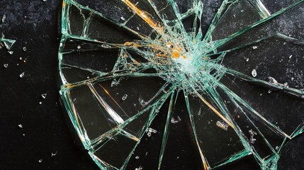 Shattered safety glass reveals intricate web of fractures, capturing moment of impact with dynamic green and golden reflections against dark background