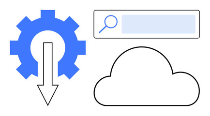 Gear with arrow pointing down, cloud outline, and search bar. Ideal for technology, data management, cloud computing, software, innovation, efficiency simple landing page