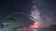 Aerial timelapse of the Palau de les Arts Reina Sofia in Valencia during a fireworks show. Spain