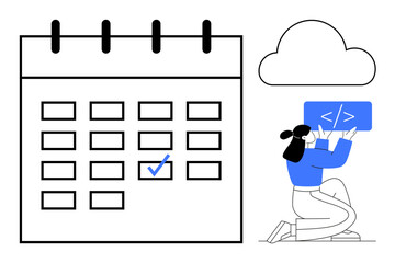 Large calendar with marked date, cloud icon, kneeling figure holding coding bracket. Ideal for planning, time management, programming, task tracking, teamwork, cloud computing simple landing page