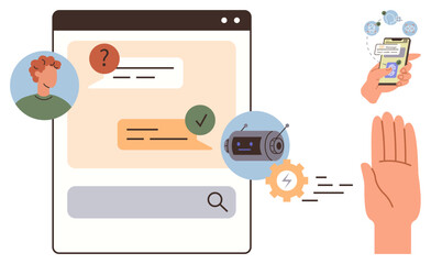 Chat interface with user, question, chatbot, and response. Hand gesture, smartphone, and cog highlight innovation. Ideal for AI, automation technology online service chatbot development