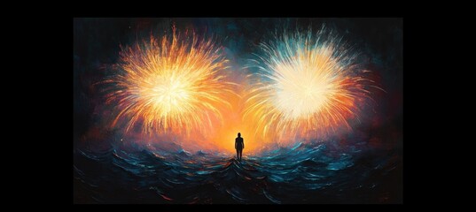 Silhouette of a person standing on turbulent waters beneath two large vibrant fireworks exploding in a dark sky, evoking awe and solitude