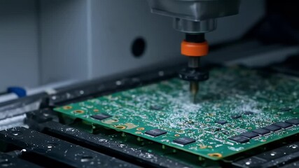 Precision Drilling On Circuit Board Inside Machine In Close-Up Shot