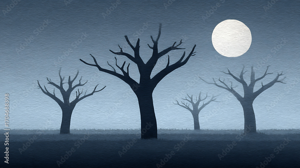 A painting of a moonlit forest with trees that are bare and dead Stock ...