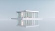 © Matcha_09 - Modern minimalist glass house on reflective water creating serene and elegant ambiance in bright daylight with soft colors