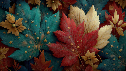 Wall Mural - Veterans Day and Thanksgiving themed background with American flags and autumn leaves
