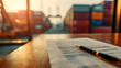 © sornram - A close-up view of a document and pen on a table, with shipping containers in the background, symbolizing logistics and trade.