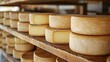 © oio - Rows of large round wheels of cheese aging on wooden shelves in a rustic cellar