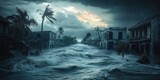 Severe flooding with turbulent waves engulfing a coastal town with damaged buildings and leaning palm trees under stormy dark clouds