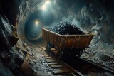 Rusty minecart filled with coal on metal tracks inside dark illuminated underground mine tunnel