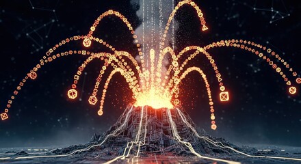 Abstract representation of technological eruption displaying complex data visualization and