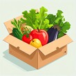 © Selintasnusantara - A vibrant illustration of a grocery delivery box filled with fresh, healthy farm produce, including assorted fruits and vegetables on a clean background