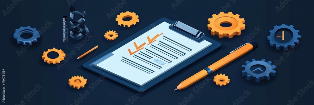 Clipboard with document showing graphs and text surrounded by orange ...