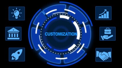 Digital interface display highlighting business customization solutions and technological development