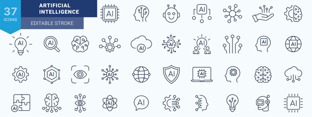 Artificial intelligence icon set, line style. Machine Learning, AI, Brain, Robot, Bot, Innovation and AI technology icons minimal thin line web icon set. Outline icons collection. Vector illustration