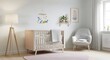 © hwaran - A minimalist nursery room featuring a wooden crib armchair floor lamp and wall