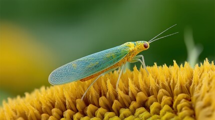 a realistic close-up of a lacewing-inspired insect robot collecting pollen on a sunflower, macro sho