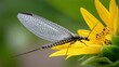 © Preecha - A realistic close-up of a mayfly-inspired insect robot collecting pollen on a sunflower, macro shot, transparent solar wings and short-life battery system, soft bokeh of riverbank flora