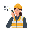 © aan - A confident female engineer in a safety vest and hard hat communicates via walkie-talkie, possibly coordinating drone operations on a modern construction site.