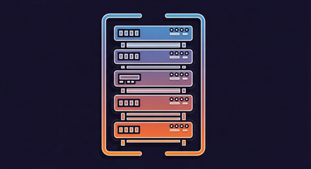 Glowing server rack icon isolated on dark background, data center and cloud computing concept, vector illustration