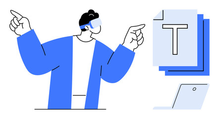Wall Mural - Person wearing VR headset gesturing towards virtual text document displays, laptop nearby. Ideal for technology, innovation, remote work, virtual reality, digital transformation, modern workspace