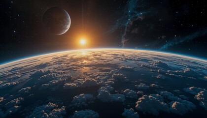 Wall Mural - Stunning view of a planet rising with a sun and a moon in the vast space.