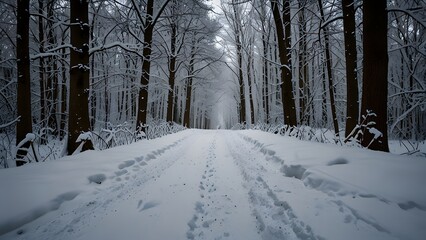  Snowy forest path with tire tracks and footprints leading into mist winter road