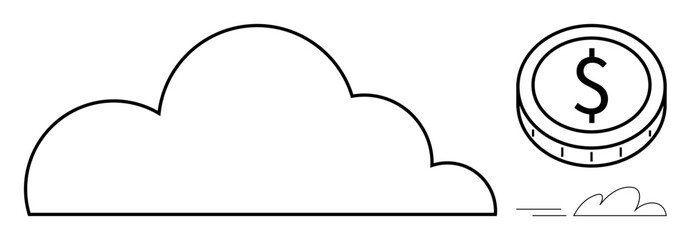 Cloud with adjacent coin and motion lines conveying digital cloud services, economic growth, savings, and finance. Ideal for technology, business, investment, finance, innovation startups