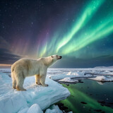 a polar bear standing on drifting ice under the northern lights