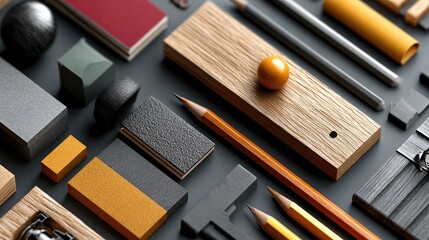 Assorted geometric shapes and objects on a dark surface