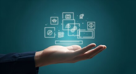 Unlock digital future with innovative technology icons floating above an open hand