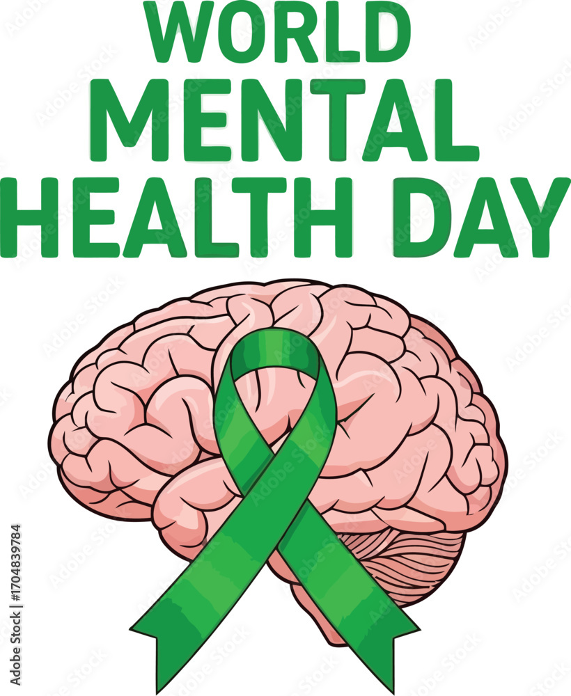 World mental health day illustration with a brain and green ribbon ...