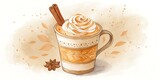 Watercolor illustration of a pumpkin spice latte with whipped cream and cinnamon stick.