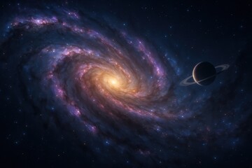 Wall Mural - Epic interstellar panorama with spiral galaxy glowing nebula and a distant ringed planet shimmering across starfields deep space energy and mystery