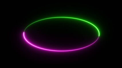 Wall Mural - Neon circle frame on black background. Glowing neon line circle shape, double color neon illustration line.