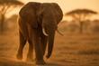 © Jelena - Majestic African elephant crossing golden savanna dust at warm sunset with detailed skin texture rim light and generous space for copy
