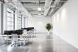 © VideoFlow - Modern open space office interior with minimalistic architecture and clean design, featuring large windows, desks, and ceiling ducts exposed. Ai generative