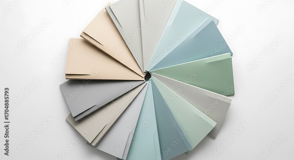Harmonious arrangement of paint sample cards displaying gentle color ...