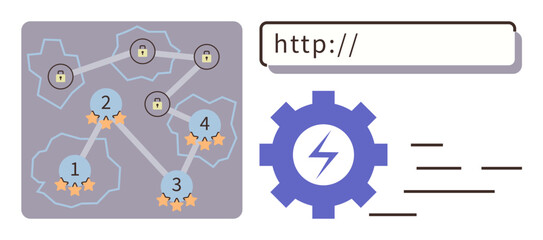 Connected nodes with locks, URL bar, and gear symbolizing security, optimization, and web access. Ideal for technology, networking, cybersecurity development progress data flow innovation. A