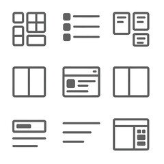UI Layout Icon Set. Flat icon set of user interface layouts: grid view, list view, card view, split screen,