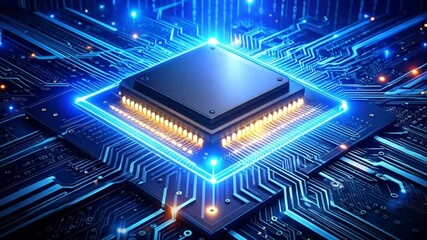 Illuminated Circuit Board Grid with Central Processing Unit, High-Tech Visualization