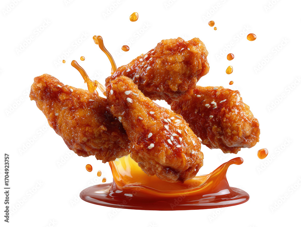 Delicious fried chicken wings with sweet and spicy sauce isolated on transparent background