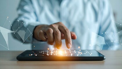 Person interacting with digital tablet, technology concept.