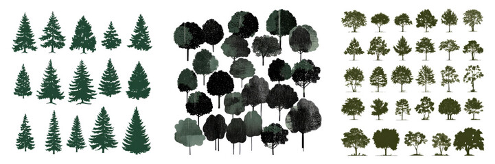 Various tree species silhouettes in different styles and sizes on transparent background