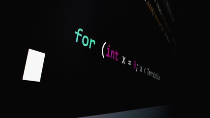 Closeup macro shot movement of coding script moving across LED screen with real-time AI-generated typing, showcasing advanced AI learning in optimization, debug and coding for software development.